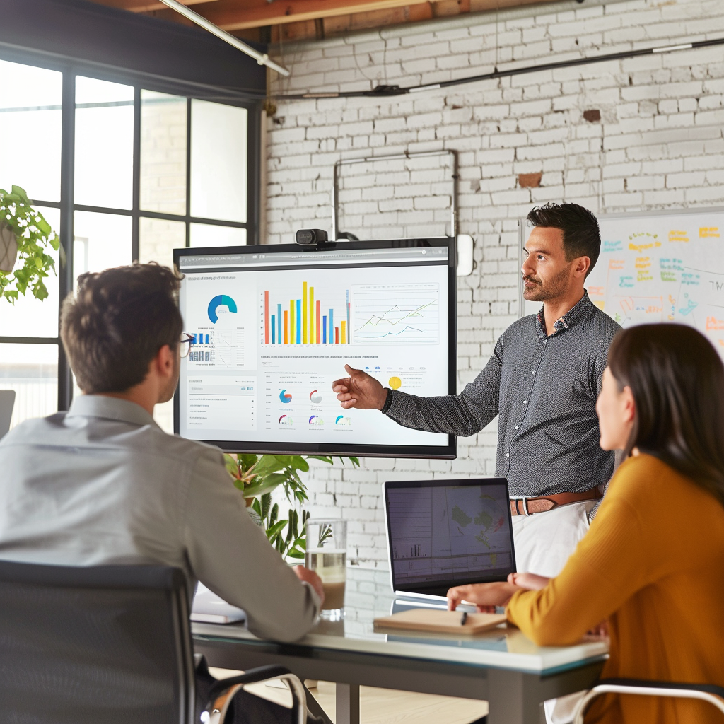 3 people in an office looking at computer screens