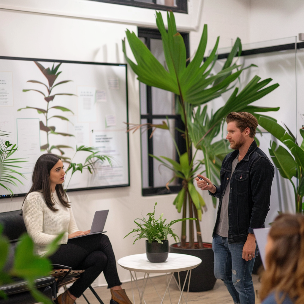 office setting with 2 women sitting listening to a man put on a presentation