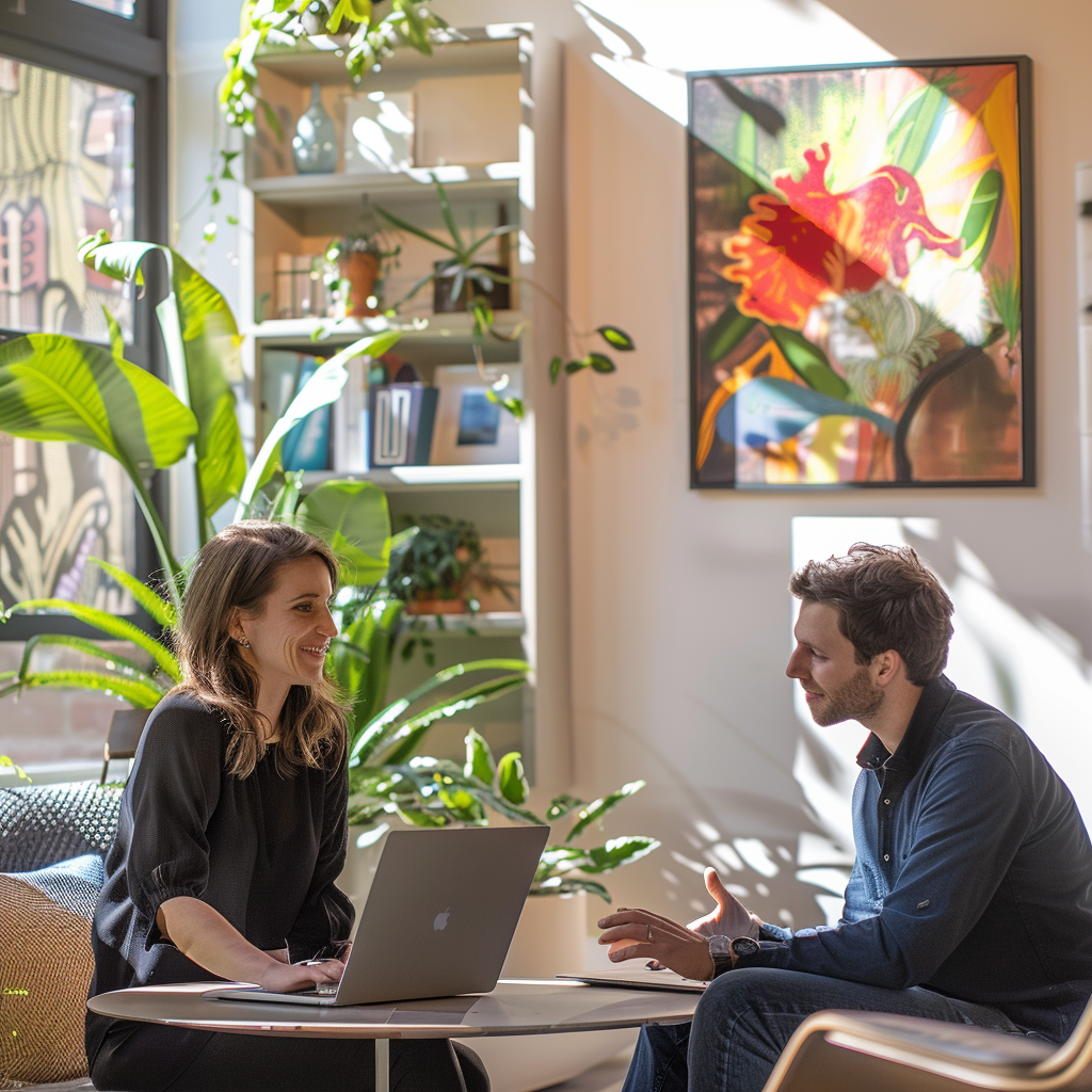 2 people in an office chatting